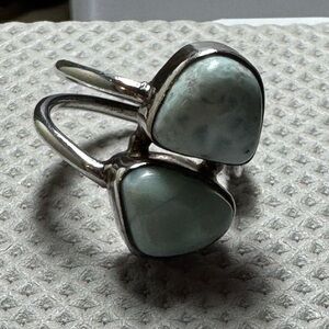 Sterling 2 Stone bypass ring blue-green larimar gemstones.Adjustable size 10